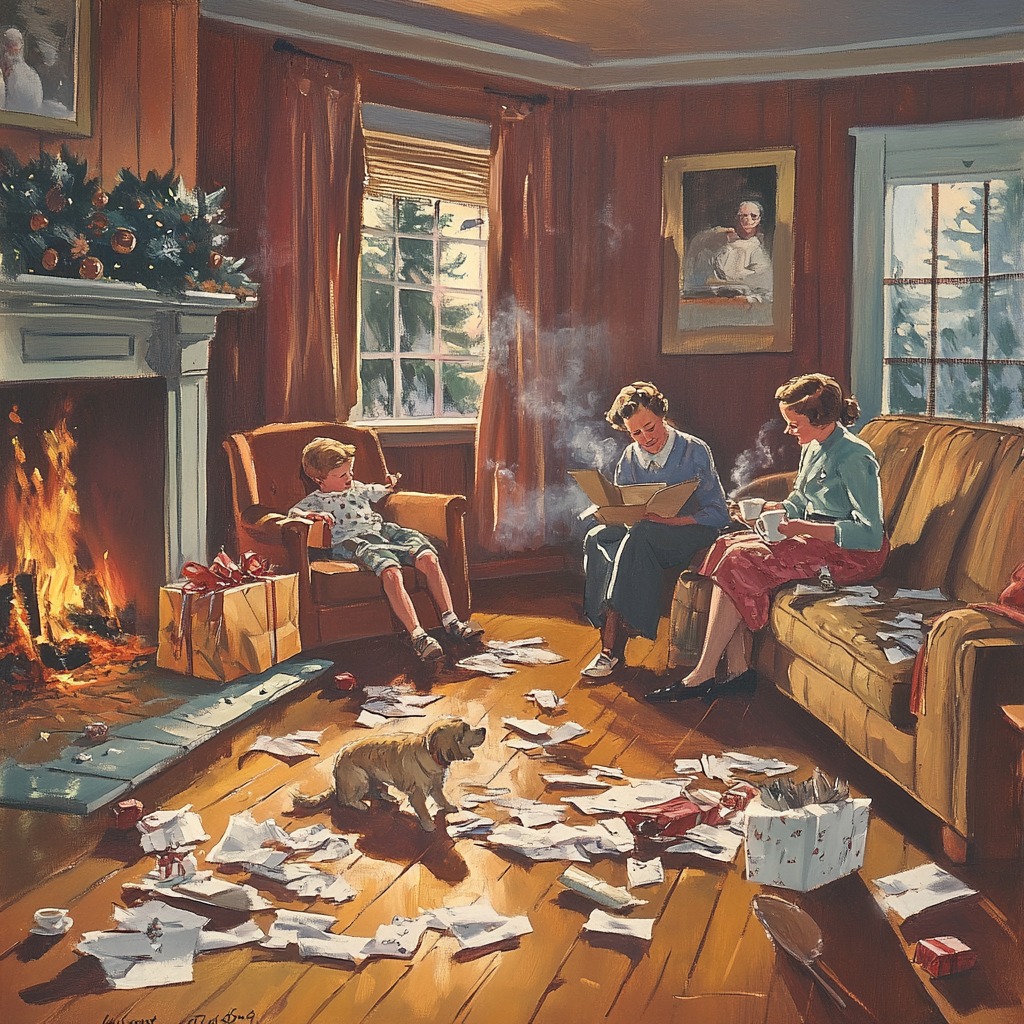 Family doing jigsaw puzzle on floor in warm living room with fireplace and cat