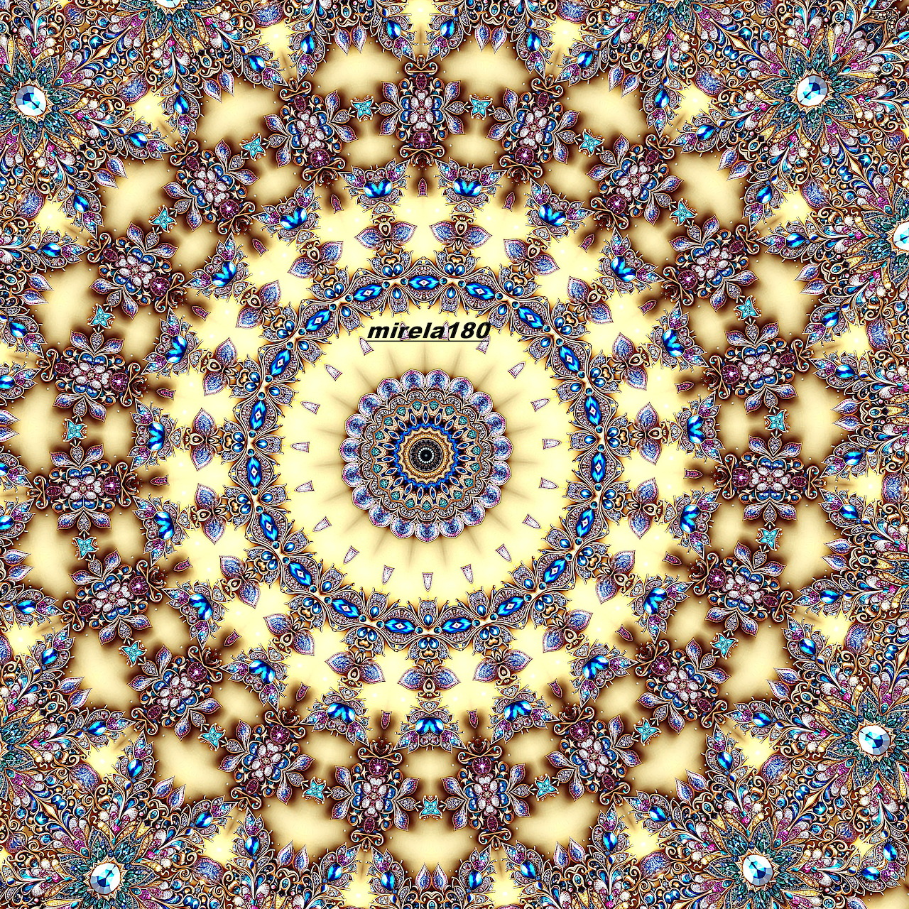 Ornate circular mandala with fractal geometric patterns in gold, orange, blue and purple radiating from center