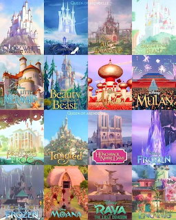 Collage grid showing colorful Disney castle scenes from various animated movies
