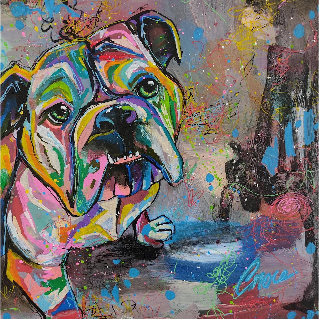 Abstract bulldog portrait painted in bright rainbow colors with paint splatters on gray textured background