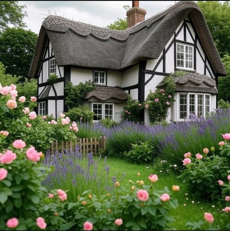 Thatched cottage with timber framing in a flower garden with roses and lavender