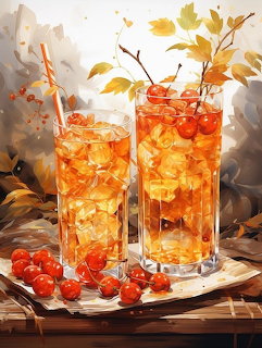 Two tall glasses of iced autumn-themed drinks with cherries and decorative fall leaves on wooden table