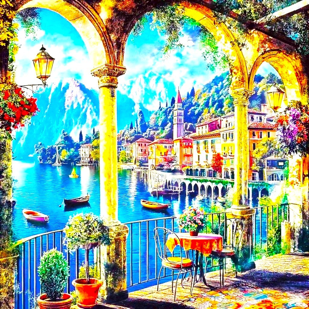 Colorful terrace with arched columns, flowers, overlooking Lake Como with village buildings and mountains