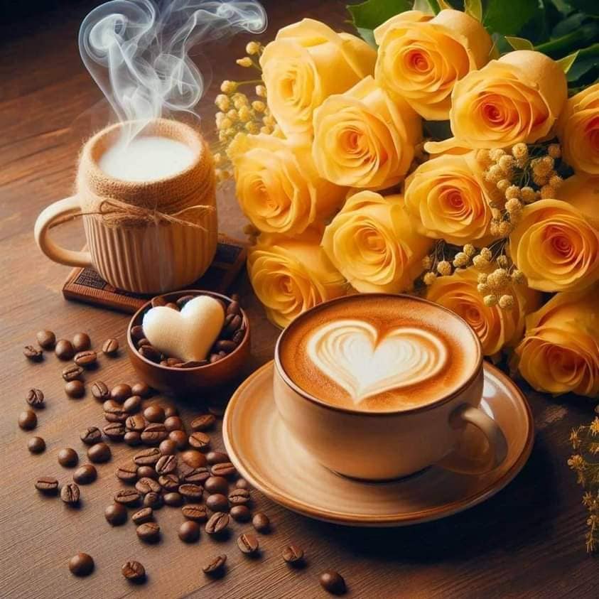 Steaming coffee cups with latte art, coffee beans, and yellow roses on a wooden table