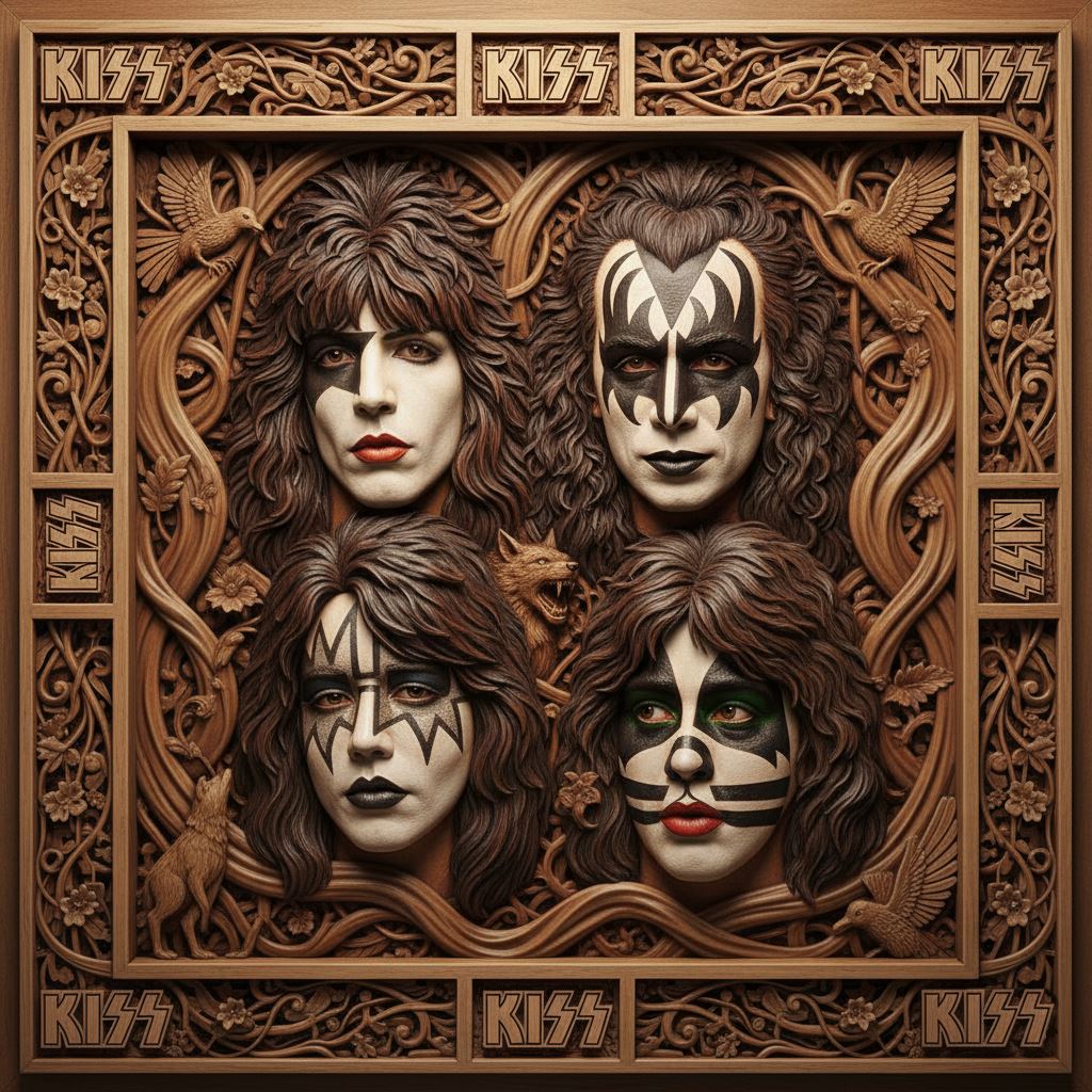 Ornate carved plaque showing four stylized KISS band faces inside a detailed wooden frame