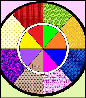 Colorful circular wheel divided into segments with different patterns and textures in rainbow colors