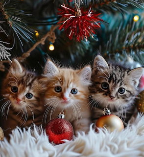 Three fluffy kittens under a Christmas tree with red and gold ornaments and bokeh lights