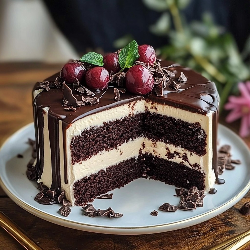 Chocolate layer cake with cream filling, ganache drip, and strawberries on a white plate