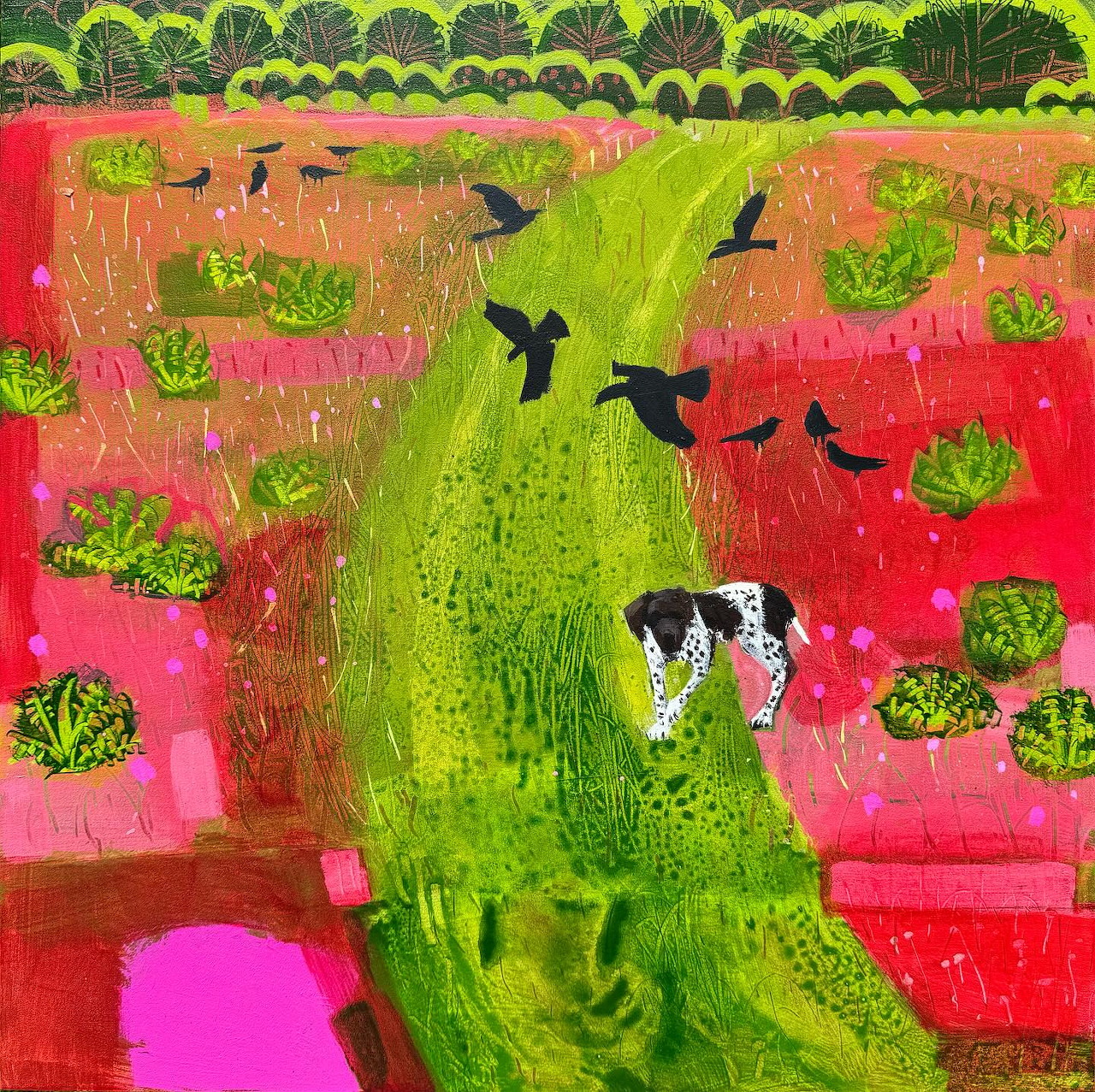 Colorful naive painting of dog on green path in red field with crows and bushes