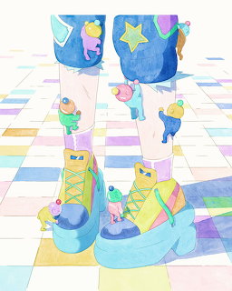 Watercolor illustration of legs wearing colorful platform boots with small cute characters climbing on them