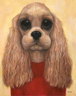 Painting of sad-eyed cocker spaniel puppy in red sweater by Margaret Keane