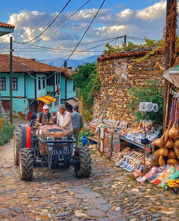 Tractor on a cobblestone village street beside colorful houses and a stone wall market stall