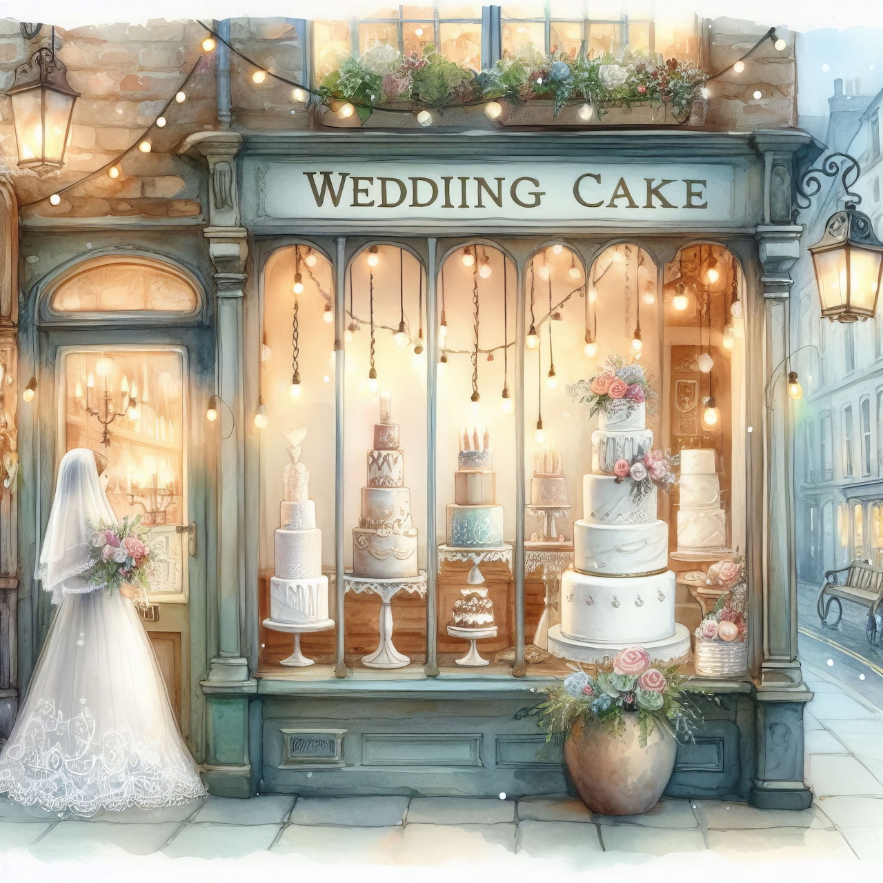 Bride outside a wedding cake shop window displaying tiered cakes and glowing lights
