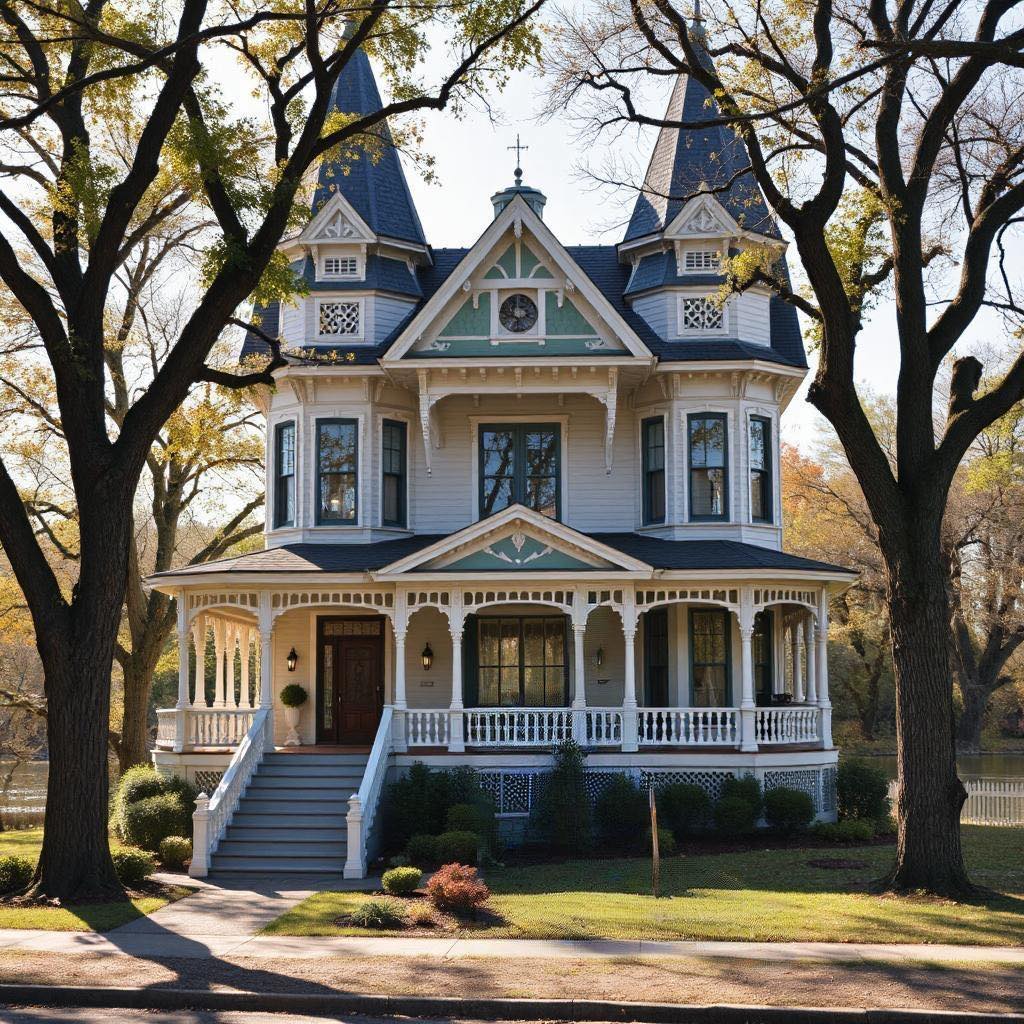 Victorian house with blue turrets, white trim, wrap-around porch, and ornate architectural details