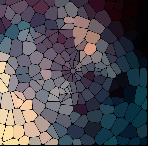 Radial mosaic pattern with colorful irregular polygon shapes in purple, teal, and peach tones