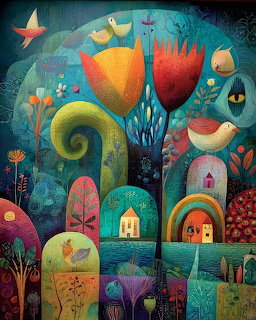 Whimsical illustration of fantasy village with colorful houses, stylized trees and flowers in vibrant teal and warm tones