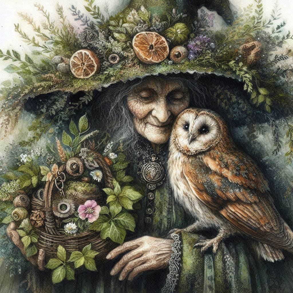 Fantasy illustration of an old forest woman in a leafy hat holding a barn owl beside flowers