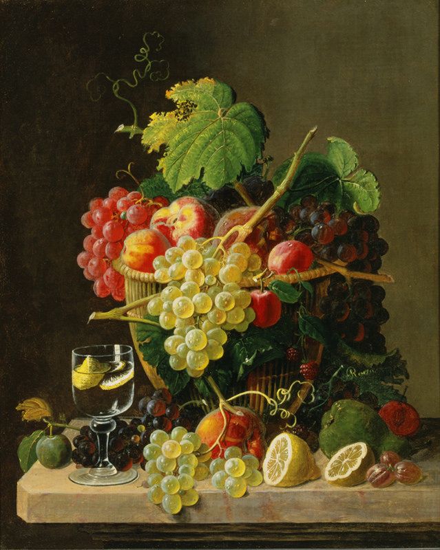 Still life painting of flowers and fruit on a draped table