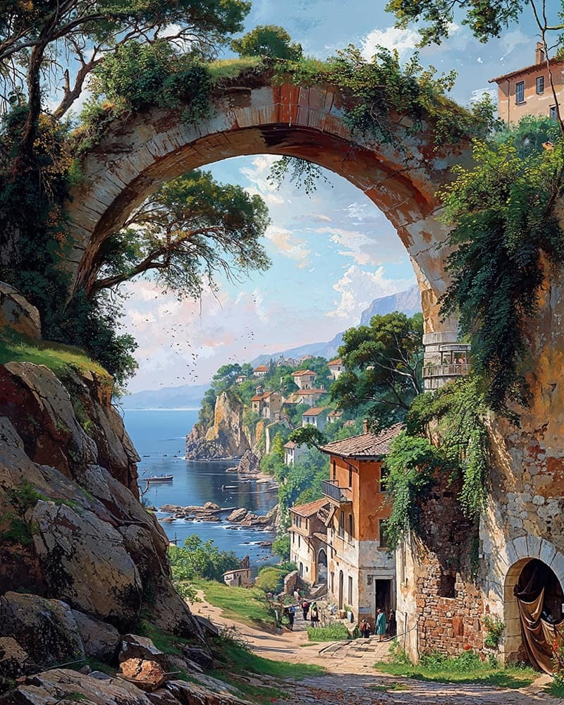 Oil painting of a large stone arch overlooking an Italian coastal village with blue sea and mountains