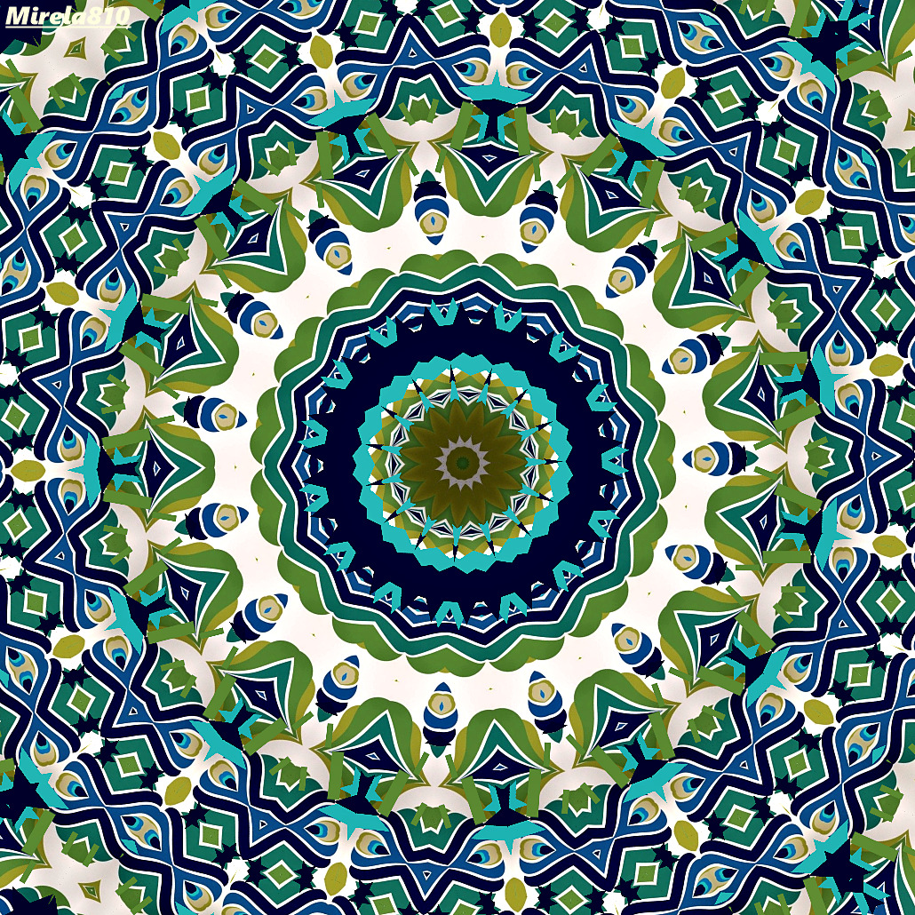 Detailed mandala with blue, green, white geometric patterns radiating symmetrically from golden center
