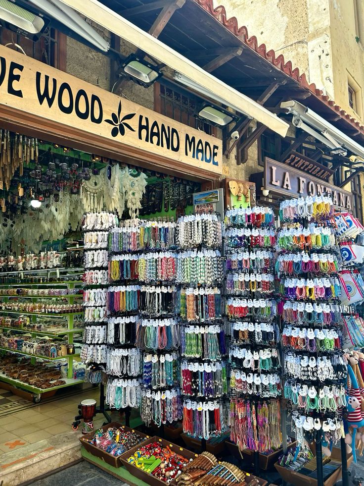 Greek souvenir shop with blue and white ceramics and Mediterranean trinkets on display