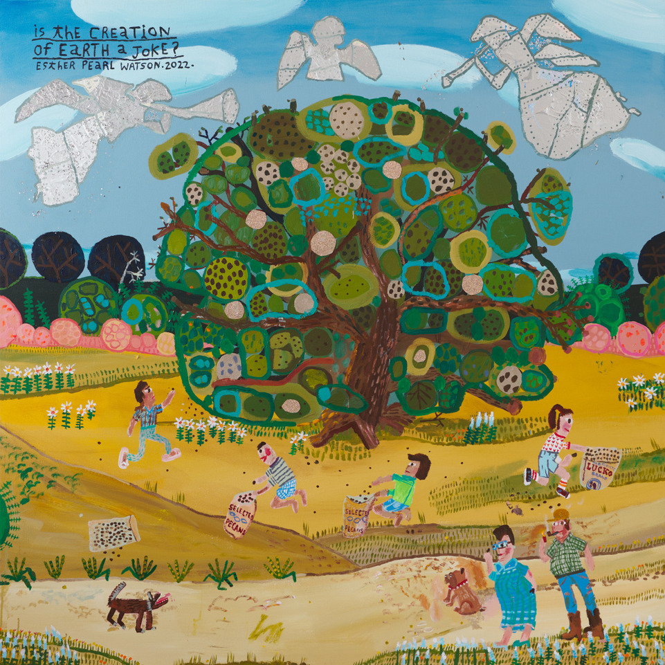 Folk art tree with circular motifs, people and animals in pastoral landscape with clouds and birds above