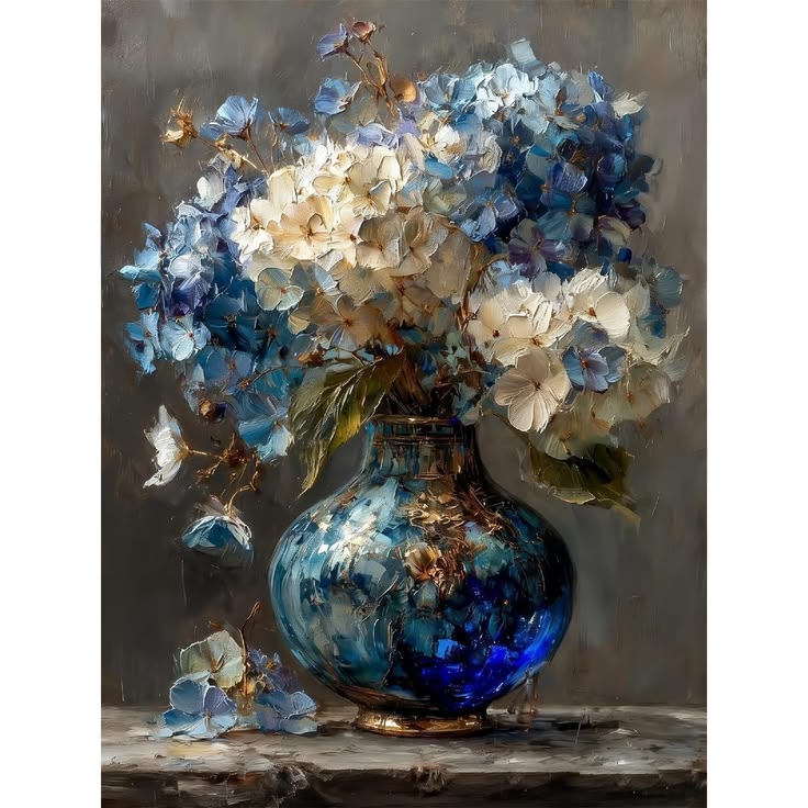 Painting of blue and white hydrangeas in a round blue glass vase on a table