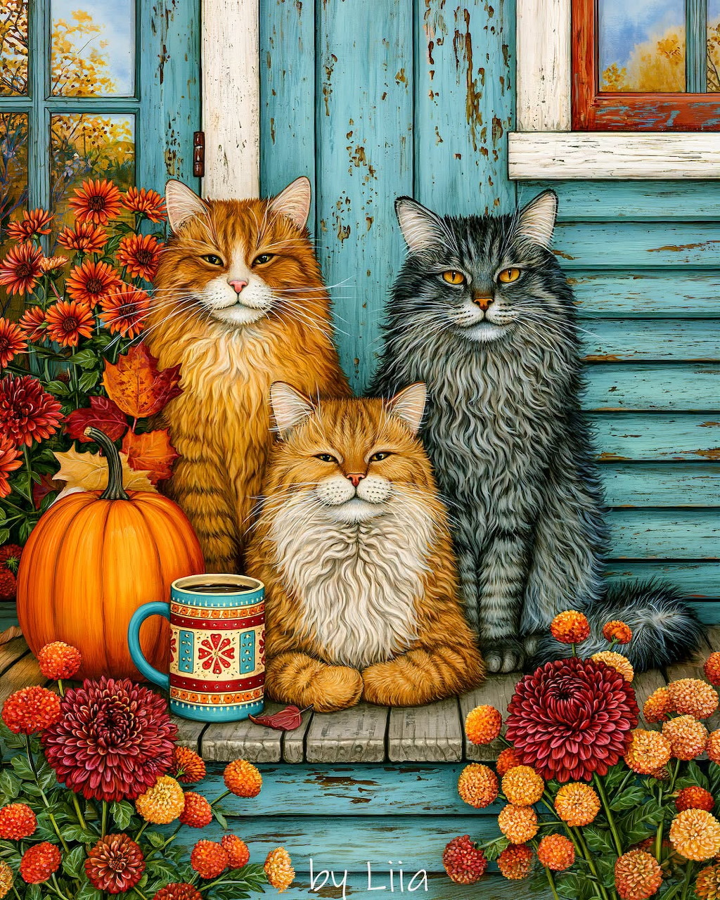 Three fluffy cats with pumpkins and autumn flowers outside a rustic turquoise cottage.