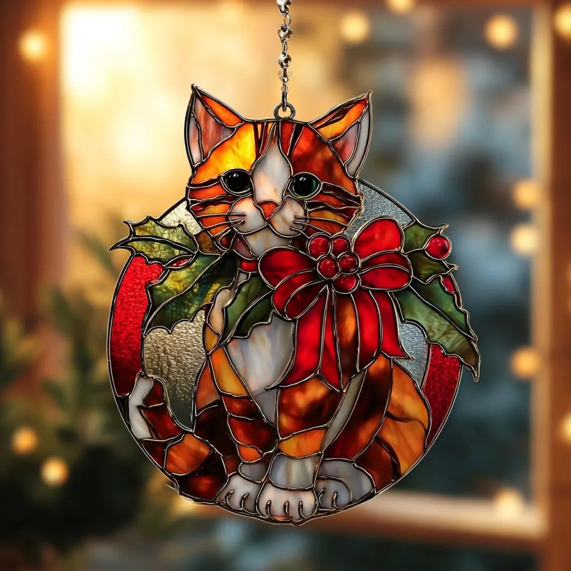 Stained glass cat suncatcher ornament with Christmas holly and red bow hanging in window with warm bokeh background