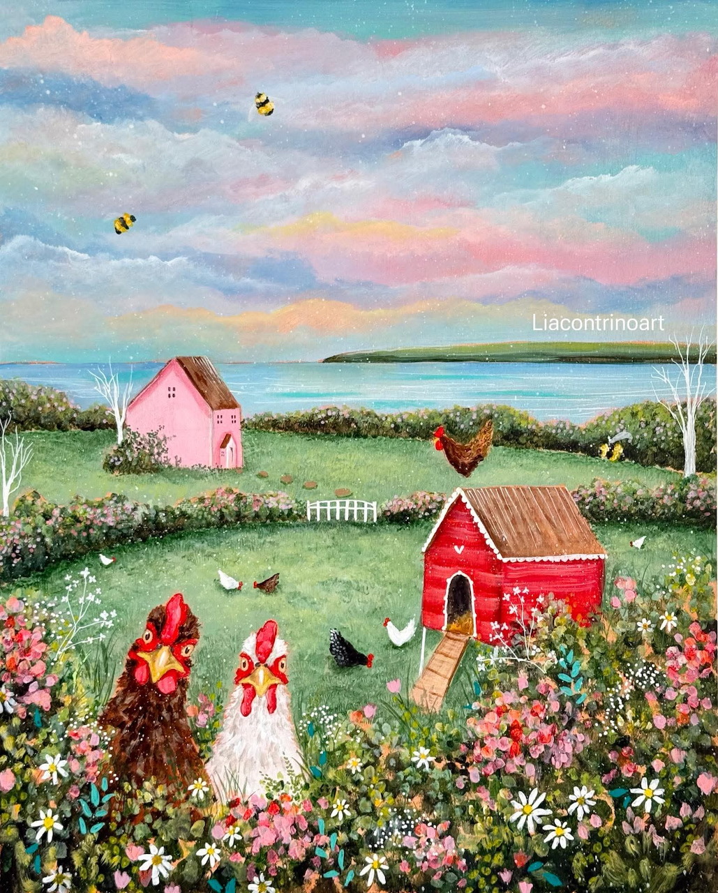 Folk art farm scene with red barn, chickens in garden, pink house, and colorful sky