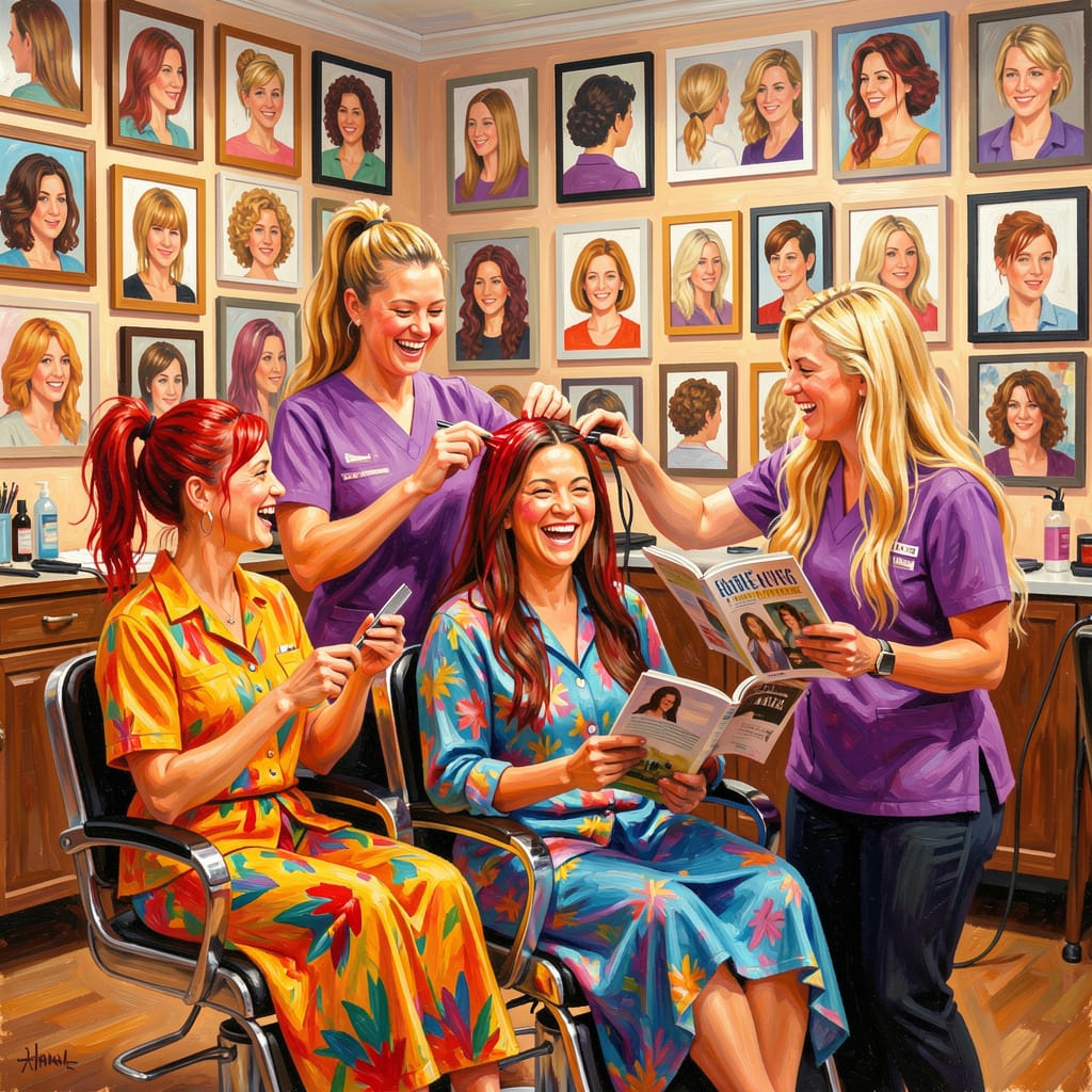 Three hair stylists in purple shirts working on two seated clients in a portrait-filled salon