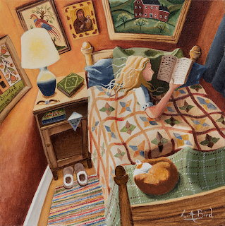 Person reading book in cozy bedroom with cat sleeping on colorful patchwork quilt, warm lighting and rustic decor
