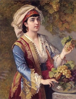 Painting of a woman in traditional dress holding grapes beside a bowl of fruit