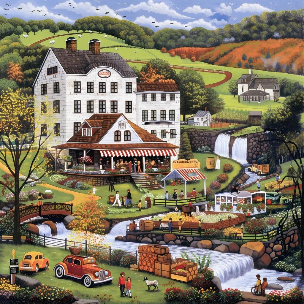 Folk art painting of a quaint village with white buildings, rolling green hills, vintage cars, and rural farmland
