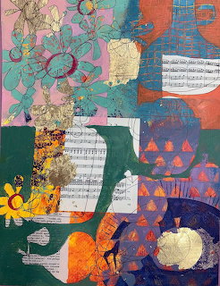 Abstract mixed media collage with music sheets, florals, and geometric shapes in vibrant colors