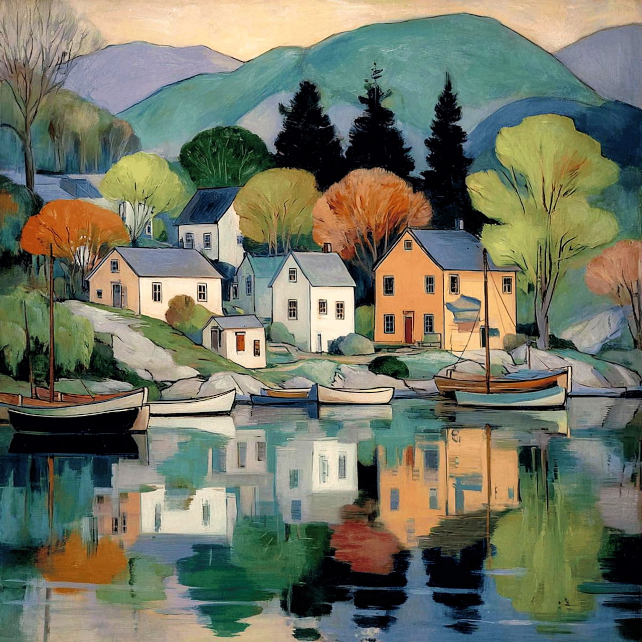 Painting of a coastal harbor with boats, pastel houses, trees, and reflections in still water