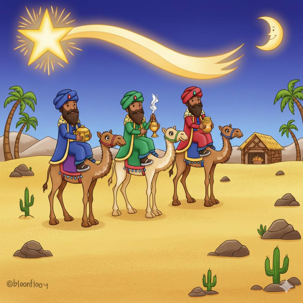 Three wise men on camels in a desert at night following a bright star toward a stable