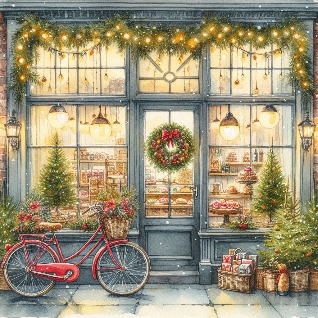 Festive bakery storefront with Christmas decorations, wreath, red bicycle, and holiday garland framing glowing windows