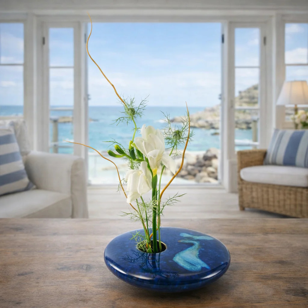 Simple green flower stems in blue vase on table with ocean view through large windows