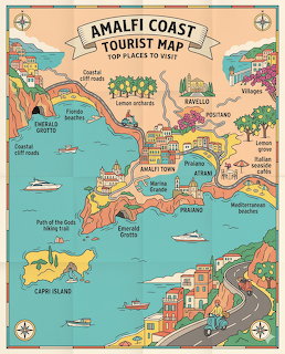Colorful illustrated tourist map of the Amalfi Coast in Italy showing towns, landmarks, and coastal features