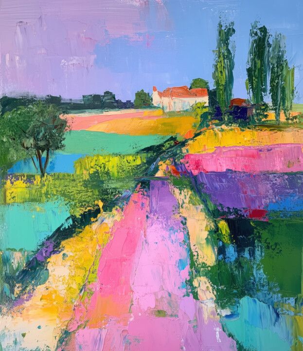 Impressionist landscape painting with colorful fields, trees and houses under a purple sky