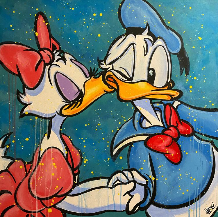Donald Duck and Daisy Duck cartoon characters facing each other against starry background