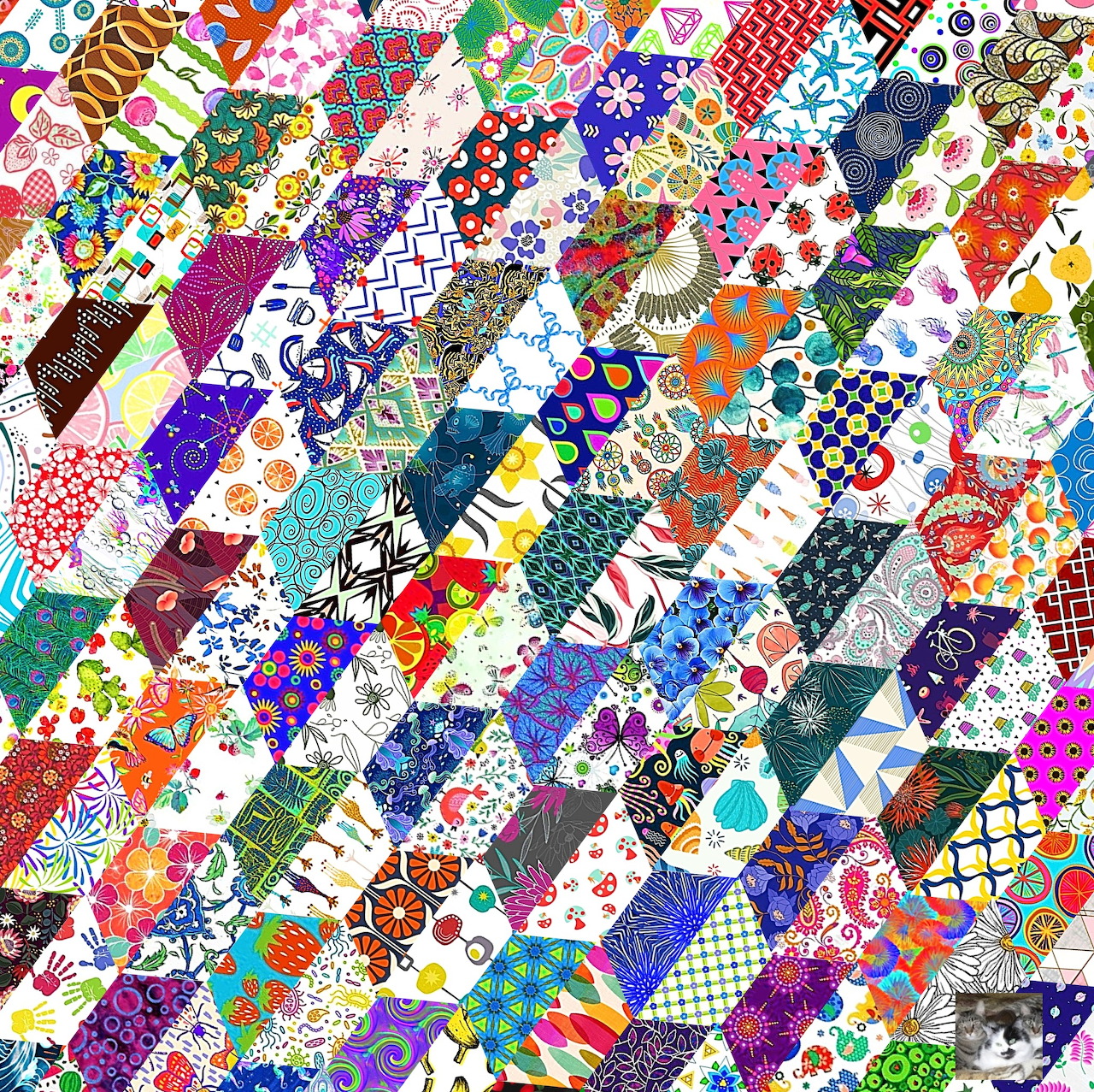 Colorful diagonal patchwork quilt made of small triangular fabric pieces in various patterns and colors