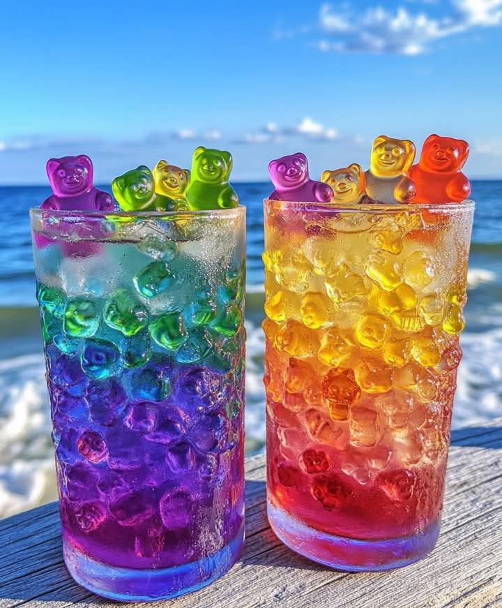 Two colorful glasses filled with rainbow jelly orbs and gummy bear decorations on a beach