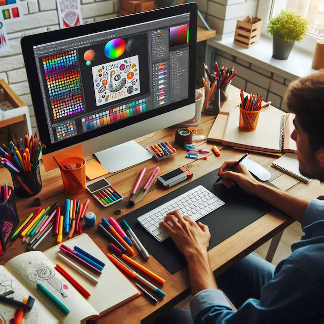 Person at a desk using a computer with graphic design software and colorful art supplies
