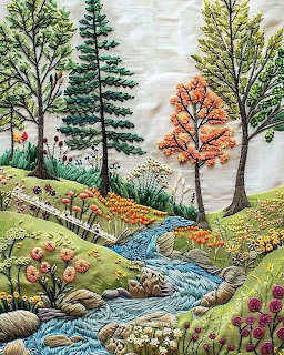 Embroidered Forest Stream Scene