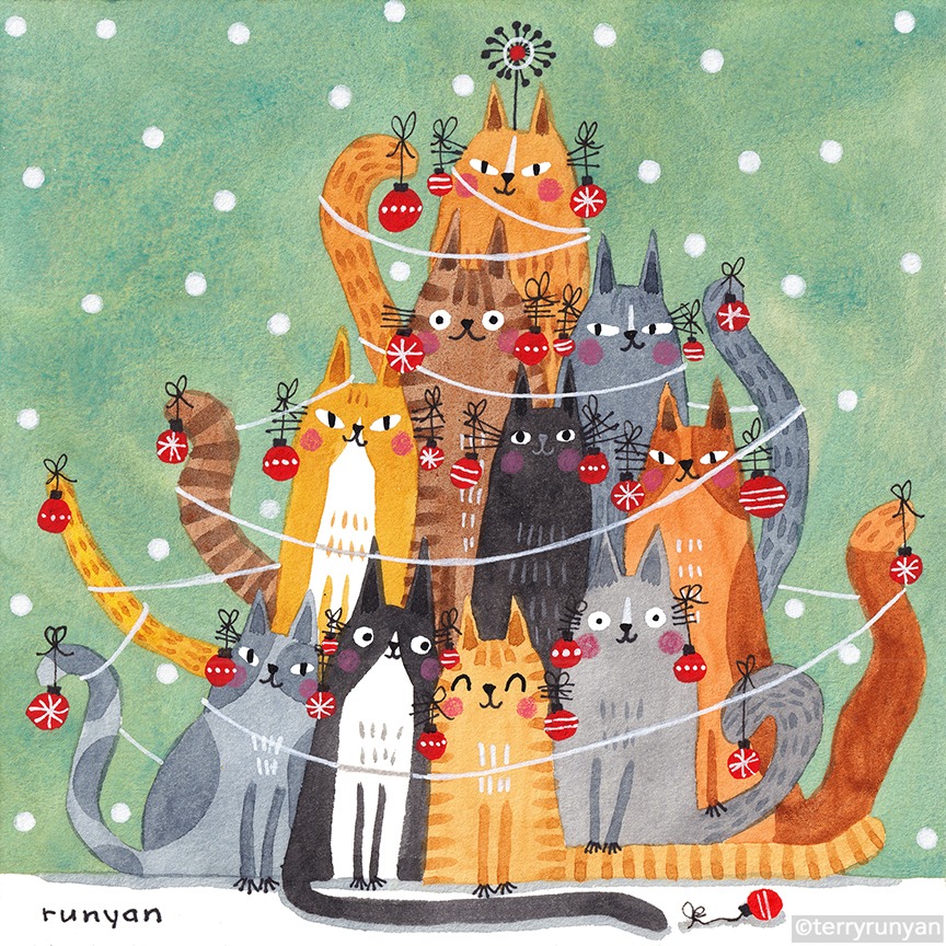 Colorful illustrated cats arranged as Christmas tree with ornaments and string lights on green snowy background