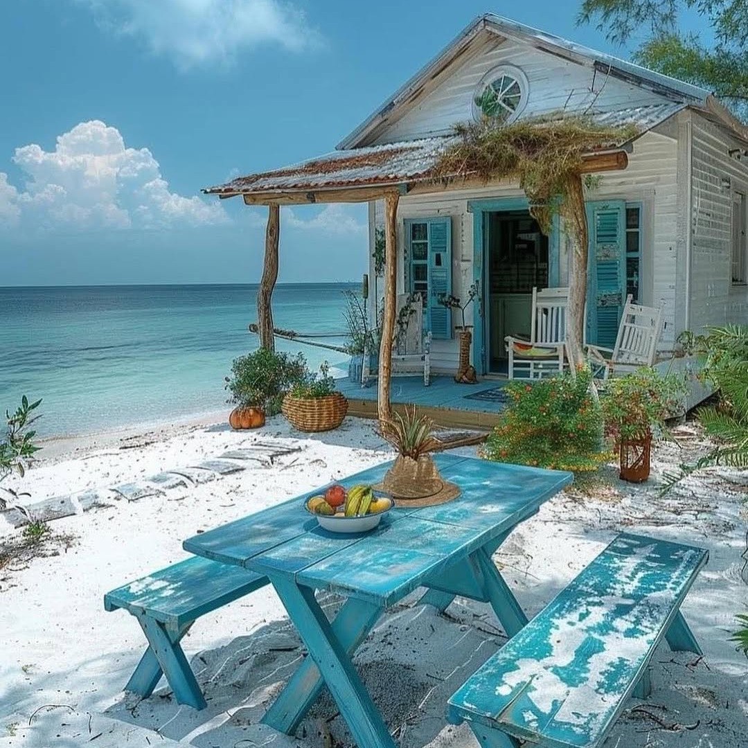 Small white beach cottage with turquoise accents and picnic table on sandy beach overlooking calm ocean under blue sky
