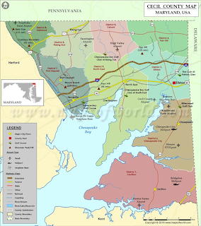 Detailed color map of Cecil County, Maryland, USA showing roads, towns, and Chesapeake Bay