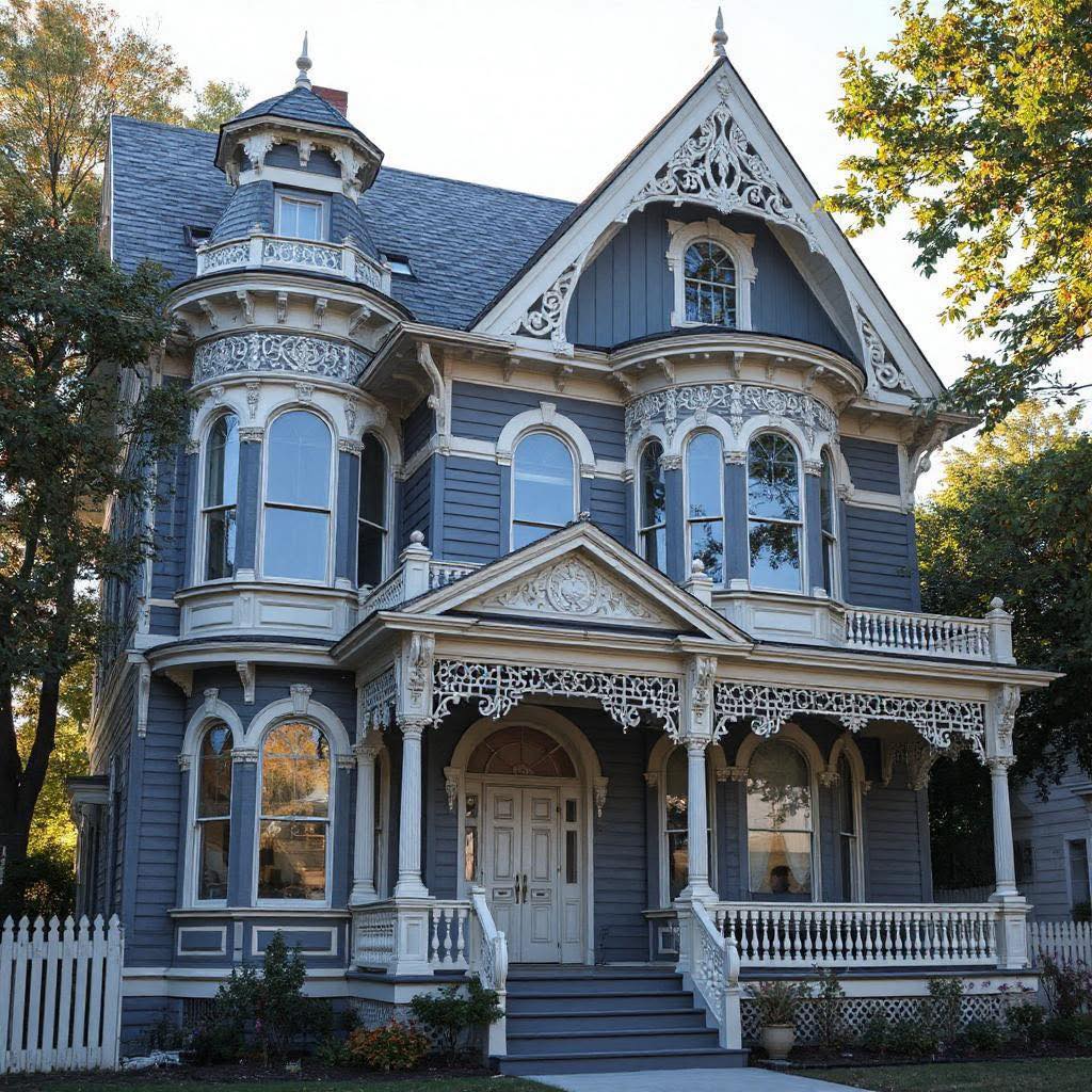 Gray Victorian house with ornate white gingerbread trim, turret, and wraparound porch